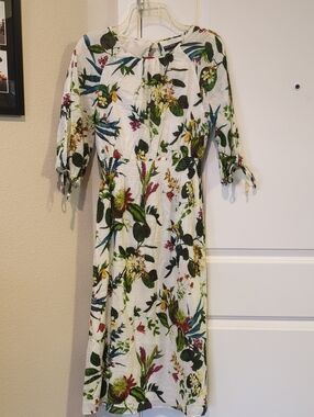 Maggy London White Midi Dress with Green & Yellow Botanical Print
